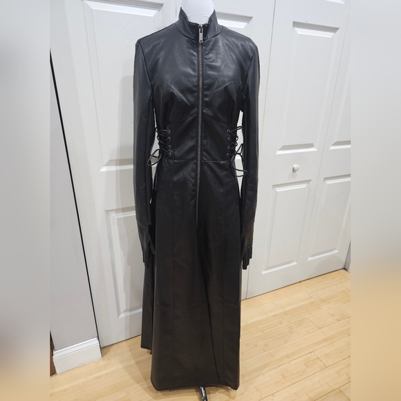 Widow Jackets & Blazers - Dolls kill Widow Eerie Enchantment Faux Leather Black lace up back Trench Coat